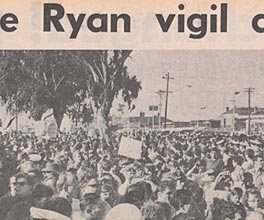 Photograph of crowd of protesters standing outside Pentridge Prison while Ronald Ryan was being hanged. Photograph of crowd of protesters standing outside Pentridge Prison while Ronald Ryan was being hanged.