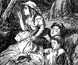 Engraving of the Duff children being found in the bush by an King Richard. Engraving of the Duff children being found in the bush by an King Richard.