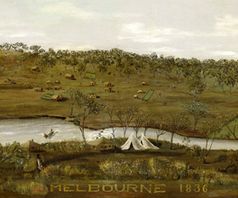 An early view of Melbourne from the south of the Yarra. An early view of Melbourne from the south of the Yarra.