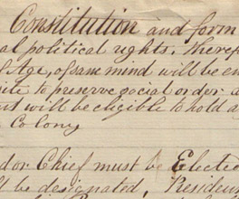 The first page of Fawkner's ideal constitution for a new colony. The first page of Fawkner's ideal constitution for a new colony.