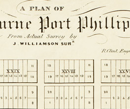 Map of central Melbourne showing location of brick houses, mud buildings, public buildings and boarded houses. Map of central Melbourne showing location of brick houses, mud buildings, public buildings and boarded houses.