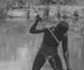 Photograph of an Aboriginal man spearing fish in a river. Photograph of an Aboriginal man spearing fish in a river.