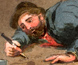 Painting showing a prospector picking small nuggets out of a digging. Painting showing a prospector picking small nuggets out of a digging.