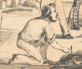 Lithograph of a dispute between diggers over a land claim.