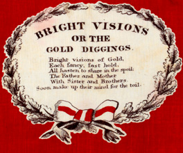 Decorated kerchief showing a family travelling to the goldfields. Decorated kerchief showing a family travelling to the goldfields.