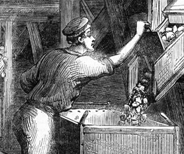 Engraving showing an underground mining operation.