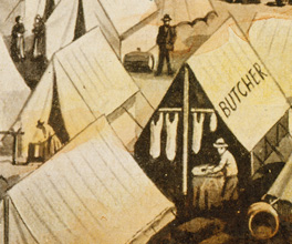 Lithograph of the tent city on the south bank of the Yarra. Lithograph of the tent city on the south bank of the Yarra.