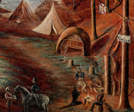 Painting of a roadmakers encampment. Painting of a roadmakers encampment.