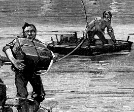 Engraving of Hume's party crossing a river. Engraving of Hume's party crossing a river.