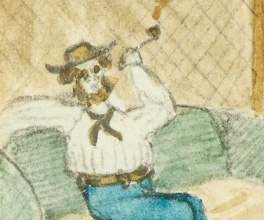 Watercolour painting of a squatters hut.