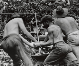 Photograph showing troops moving an artillery piece on the Kokoda Track. Photograph showing troops moving an artillery piece on the Kokoda Track.