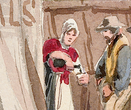 Painting showing illicit alcohol service at the back of a tent.