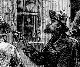 Engraving of the Kelly Gang holding up a police station. Engraving of the Kelly Gang holding up a police station.